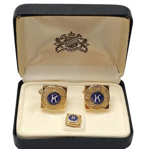 Vintage Swank Kiwanis International Cufflinks Tie Lapel Pin Gold Tone with Box